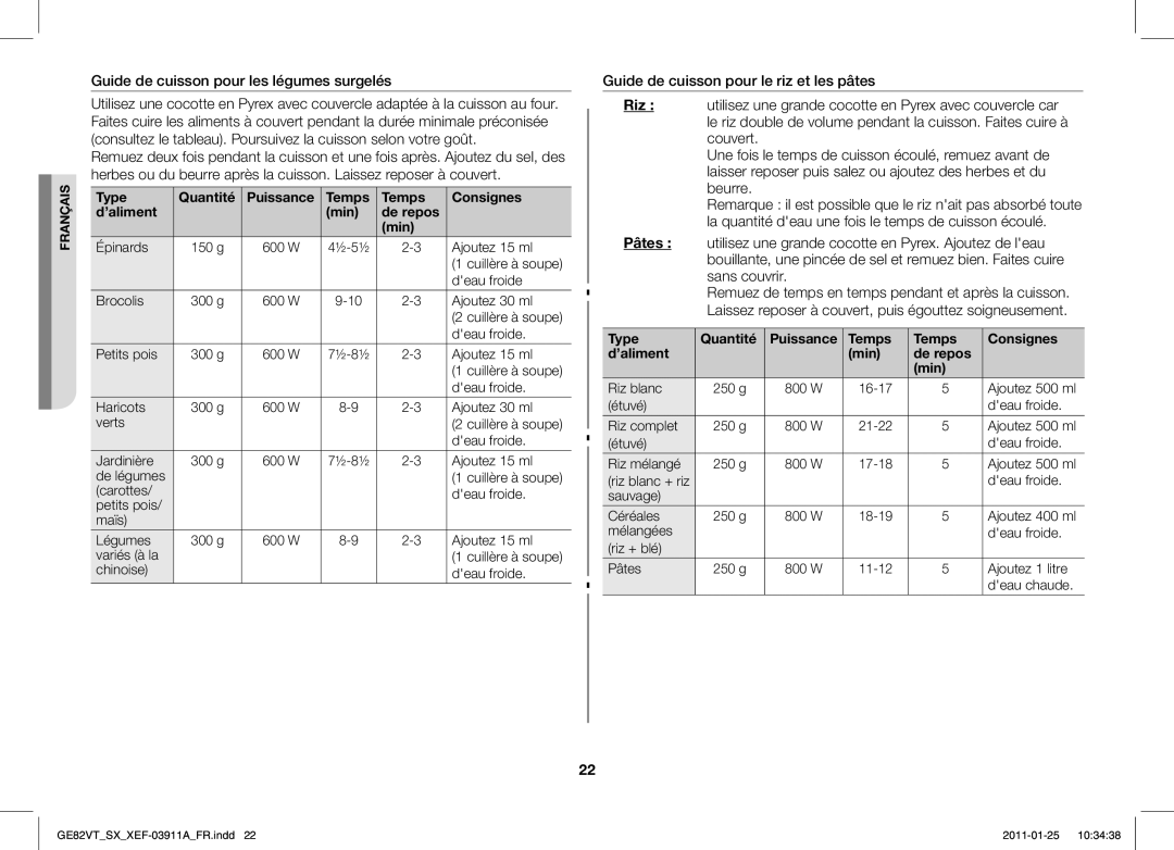 Samsung GE82VT-S/XEF Guide de cuisson pour les légumes surgelés, Type Quantité Puissance Temps Consignes ’aliment Min 