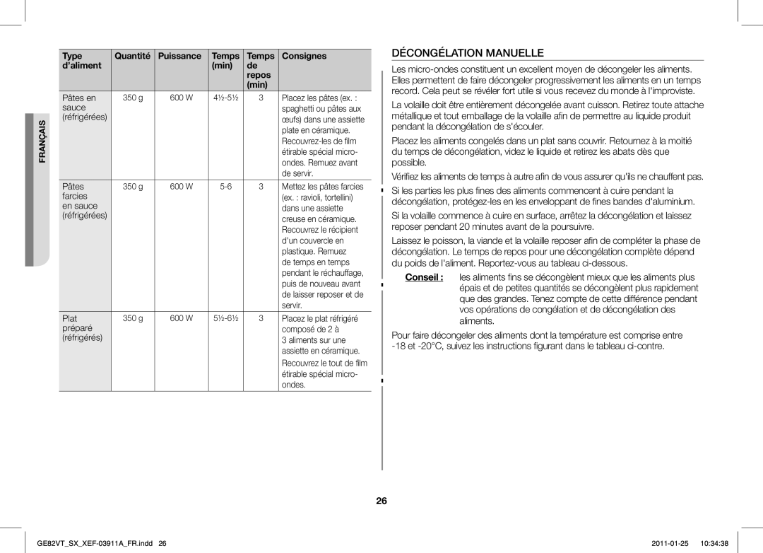 Samsung GE82VT-S/XEF, GE86VT-SXH/XEF manual Décongélation Manuelle 