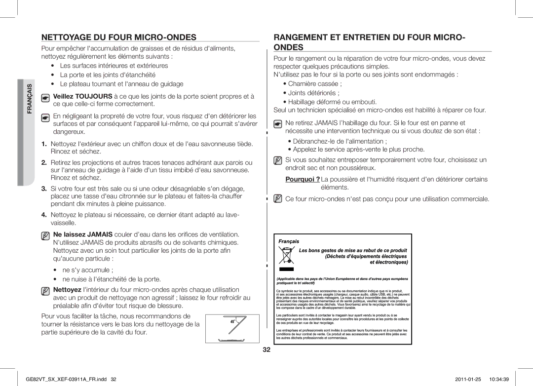 Samsung GE82VT-S/XEF, GE86VT-SXH/XEF manual Nettoyage DU Four MICRO-ONDES, Rangement ET Entretien DU Four MICRO- Ondes 