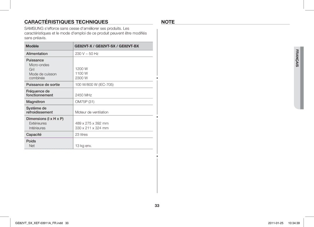 Samsung GE86VT-SXH/XEF, GE82VT-S/XEF manual Caractéristiques Techniques, Modèle 