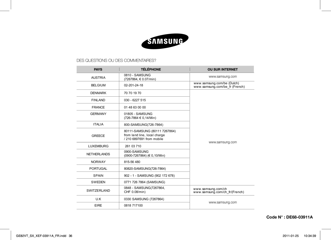 Samsung GE82VT-S/XEF, GE86VT-SXH/XEF manual Code N DE68-03911A 