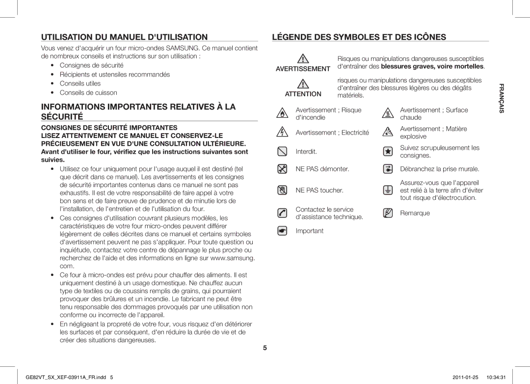 Samsung GE86VT-SXH/XEF, GE82VT-S/XEF manual Informations Importantes Relatives À LA Sécurité, Remarque 