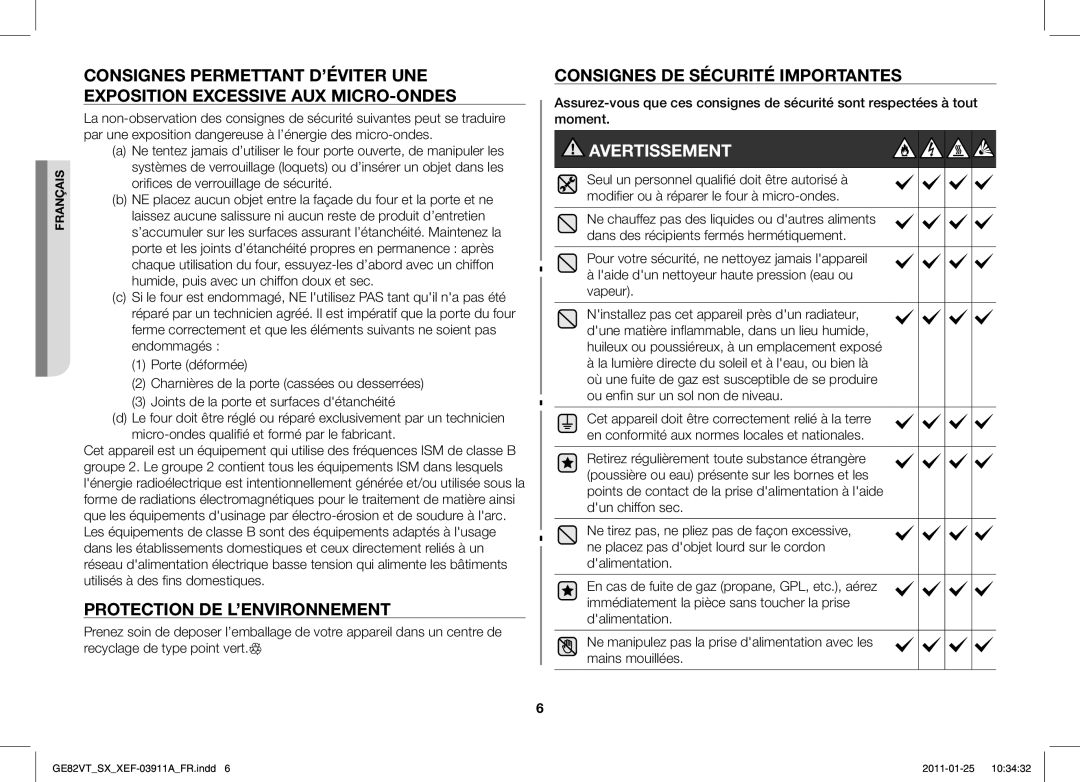 Samsung GE82VT-S/XEF, GE86VT-SXH/XEF manual Protection DE L’ENVIRONNEMENT, Consignes DE Sécurité Importantes 