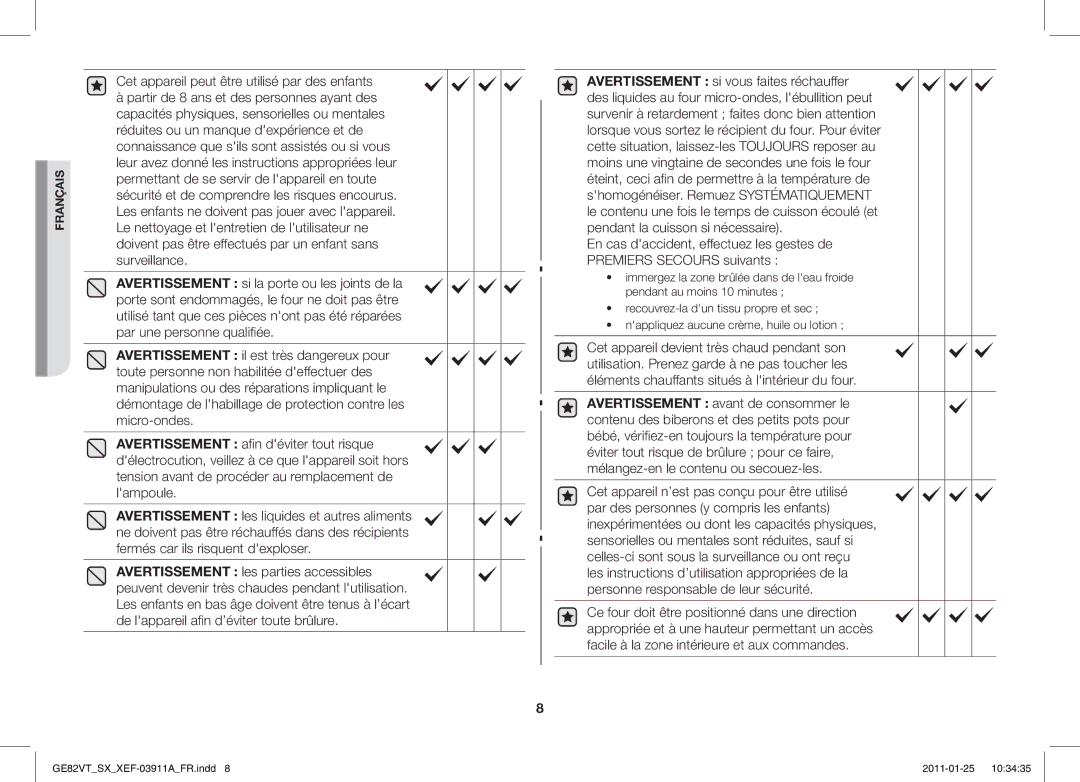 Samsung GE82VT-S/XEF, GE86VT-SXH/XEF manual Français 