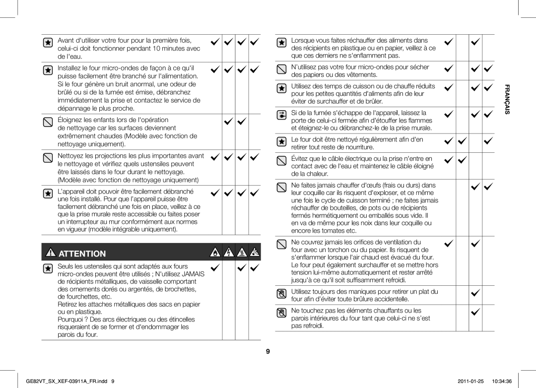 Samsung GE86VT-SXH/XEF, GE82VT-S/XEF manual Français 