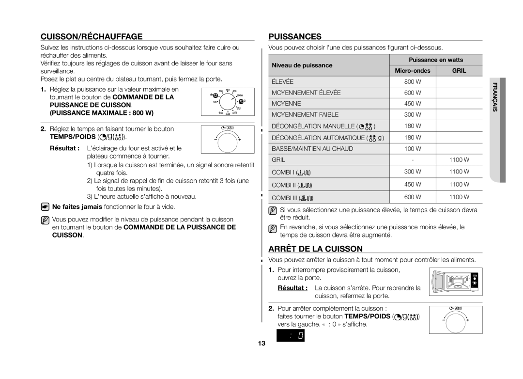 Samsung GE82VT-SX/XEF Cuisson/Réchauffage, Puissances, Arrêt DE LA Cuisson, Réglez le temps en faisant tourner le bouton 