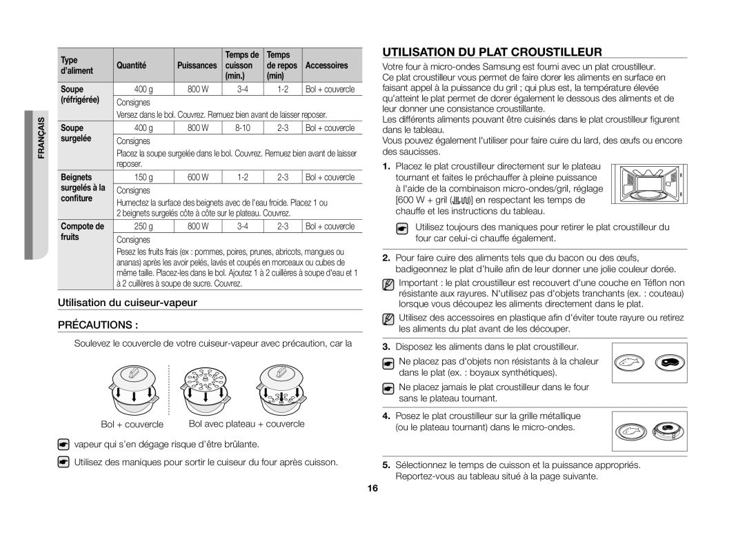 Samsung GE82VT-SX/XEF manual Utilisation DU Plat Croustilleur, Précautions 