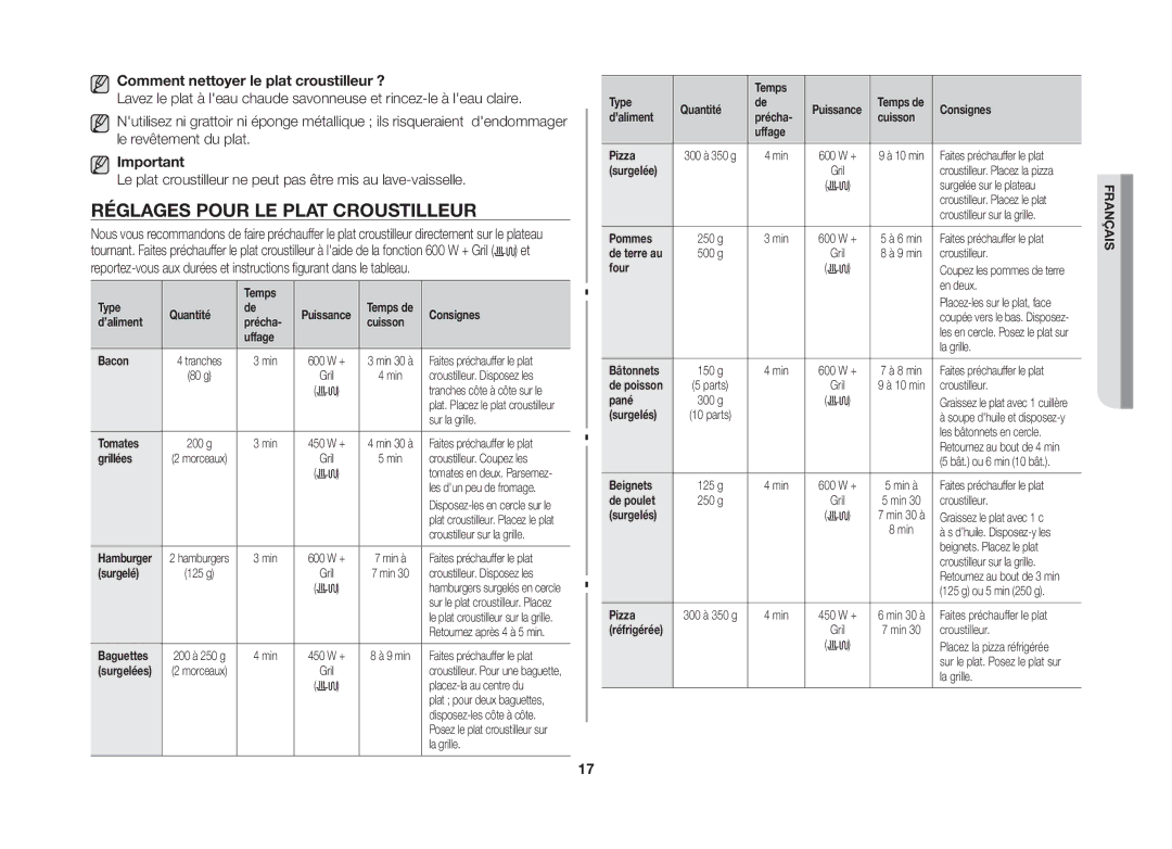 Samsung GE82VT-SX/XEF manual Réglages Pour LE Plat Croustilleur, Comment nettoyer le plat croustilleur ? 