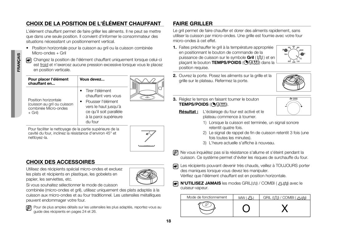 Samsung GE82VT-SX/XEF manual Choix DE LA Position DE Lélément Chauffant, Choix DES Accessoires, Faire Griller 