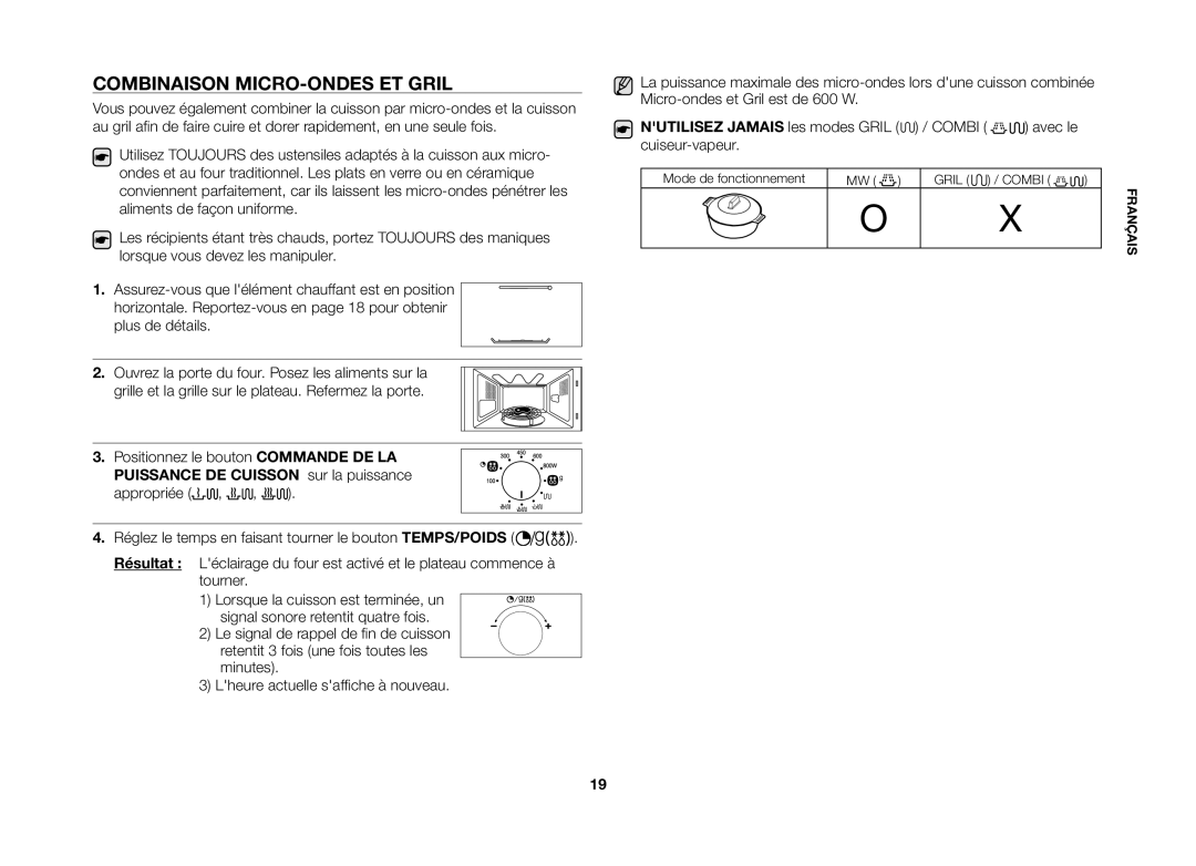 Samsung GE82VT-SX/XEF manual Combinaison MICRO-ONDES ET Gril 