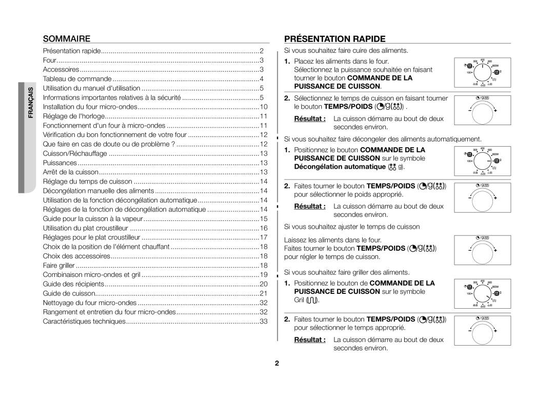 Samsung GE82VT-SX/XEF manual Présentation Rapide, Puissance DE Cuisson sur le symbole Gril 