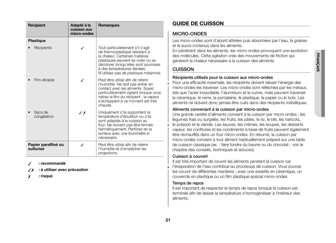 Samsung GE82VT-SX/XEF manual Guide DE Cuisson, Micro-Ondes, Récipients utilisés pour la cuisson aux micro-ondes 