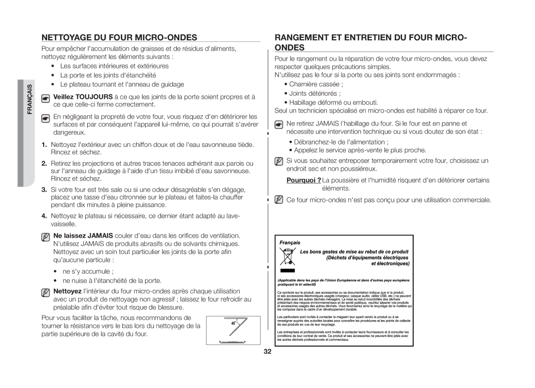 Samsung GE82VT-SX/XEF manual Nettoyage DU Four MICRO-ONDES, Rangement ET Entretien DU Four MICRO- Ondes 