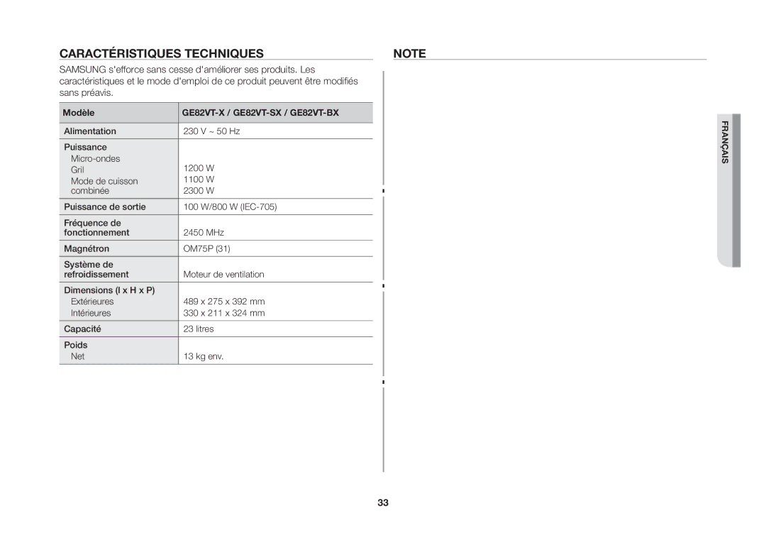 Samsung GE82VT-SX/XEF manual Caractéristiques Techniques, Modèle 