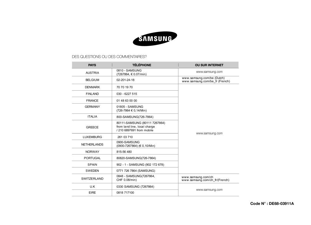 Samsung GE82VT-SX/XEF manual Code N DE68-03911A 