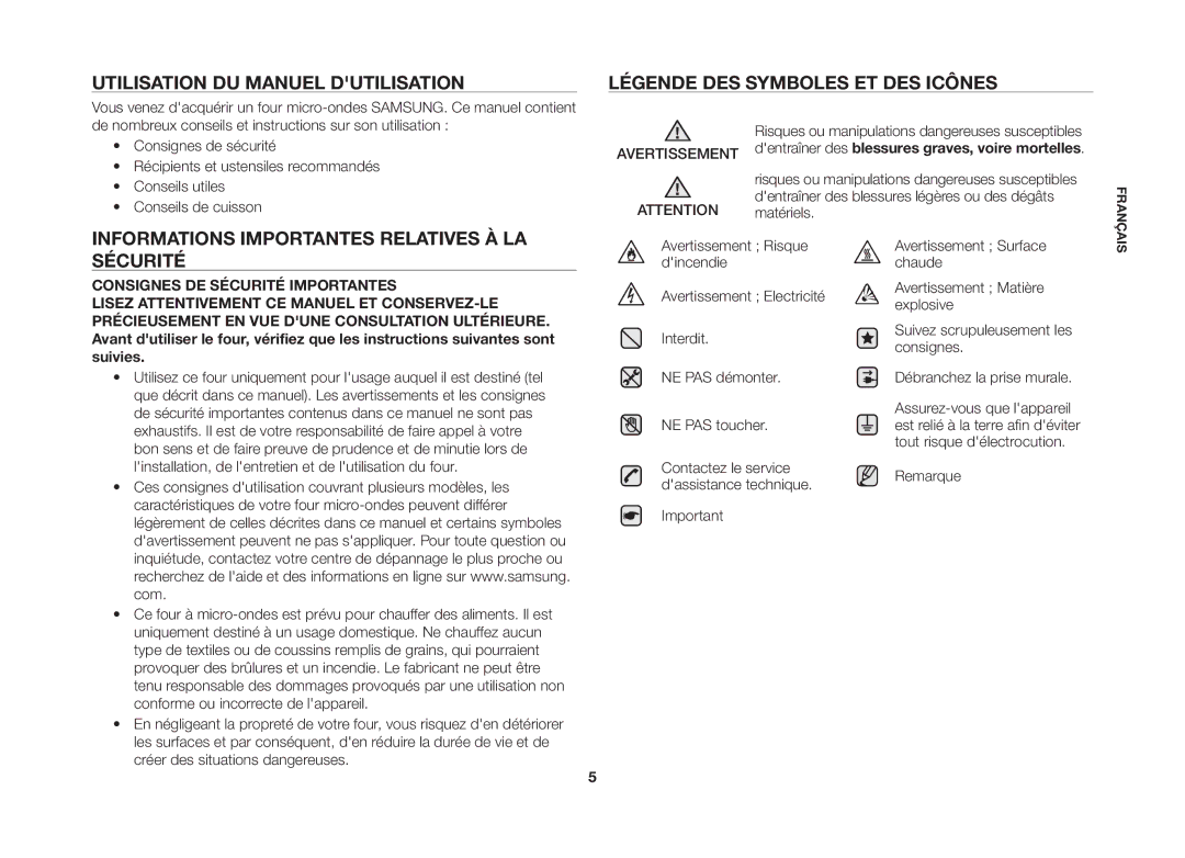 Samsung GE82VT-SX/XEF manual Informations Importantes Relatives À LA Sécurité, Remarque 