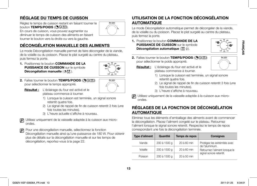 Samsung GE82V/XEF manual Réglage DU Temps DE Cuisson, Décongélation Manuelle DES Aliments 