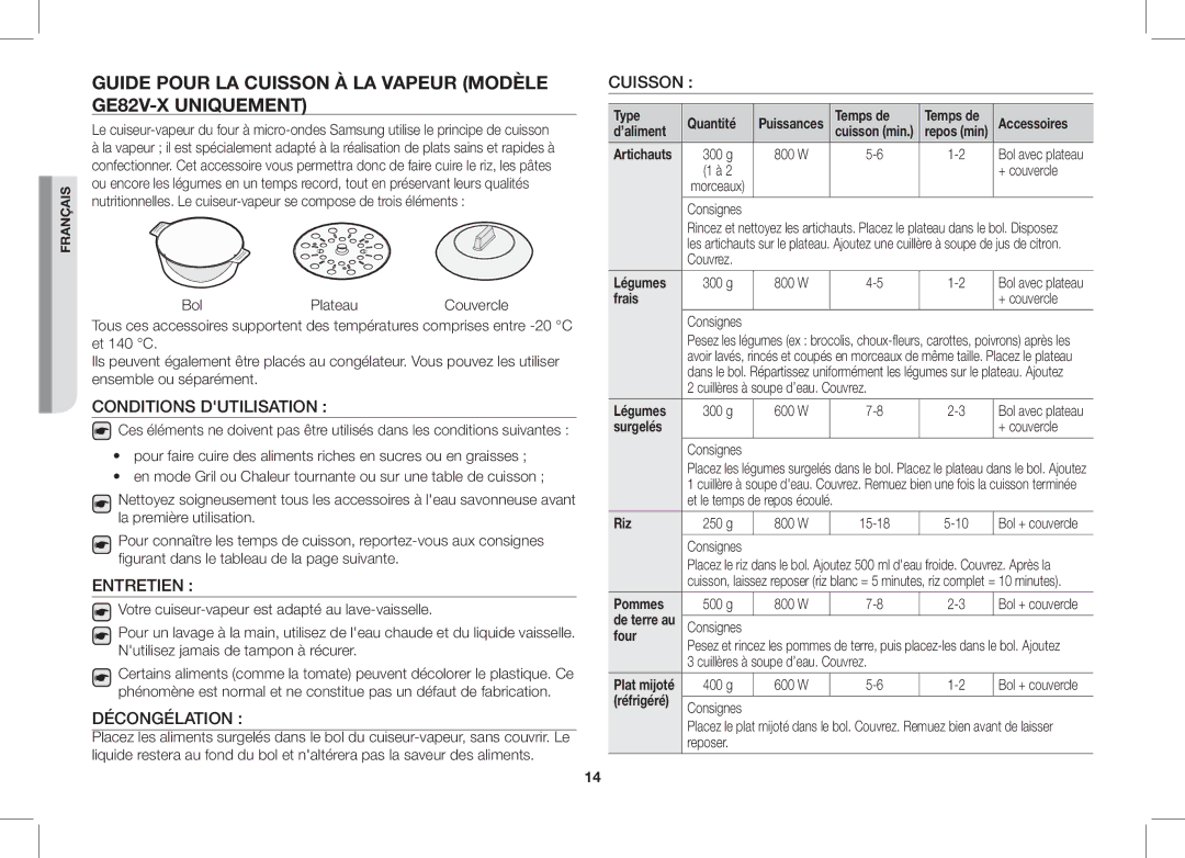 Samsung GE82V/XEF manual Guide Pour LA Cuisson À LA Vapeur Modèle GE82V-X Uniquement, Conditions Dutilisation, Entretien 