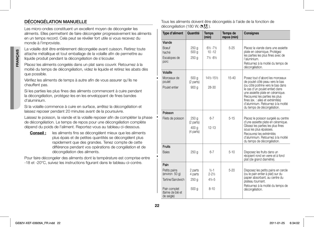 Samsung GE82V/XEF manual Décongélation Manuelle, Quantité Temps Temps de Consignes Min Repos min 