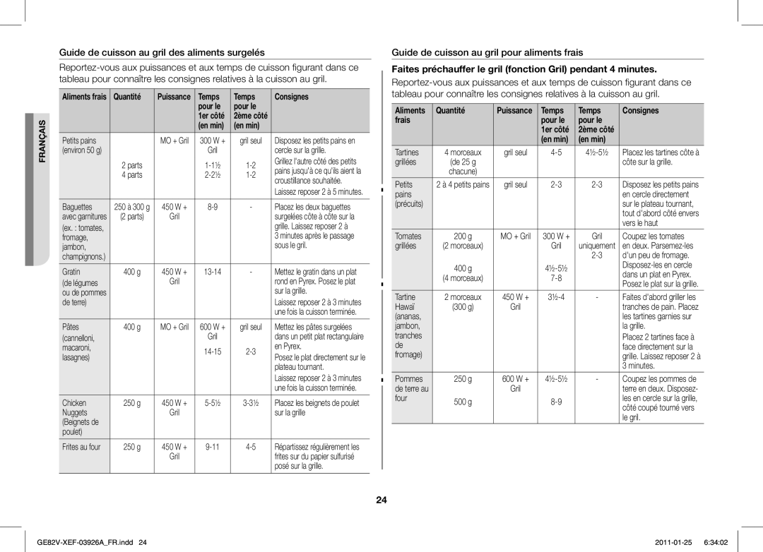 Samsung GE82V/XEF manual Guide de cuisson au gril des aliments surgelés, Guide de cuisson au gril pour aliments frais 