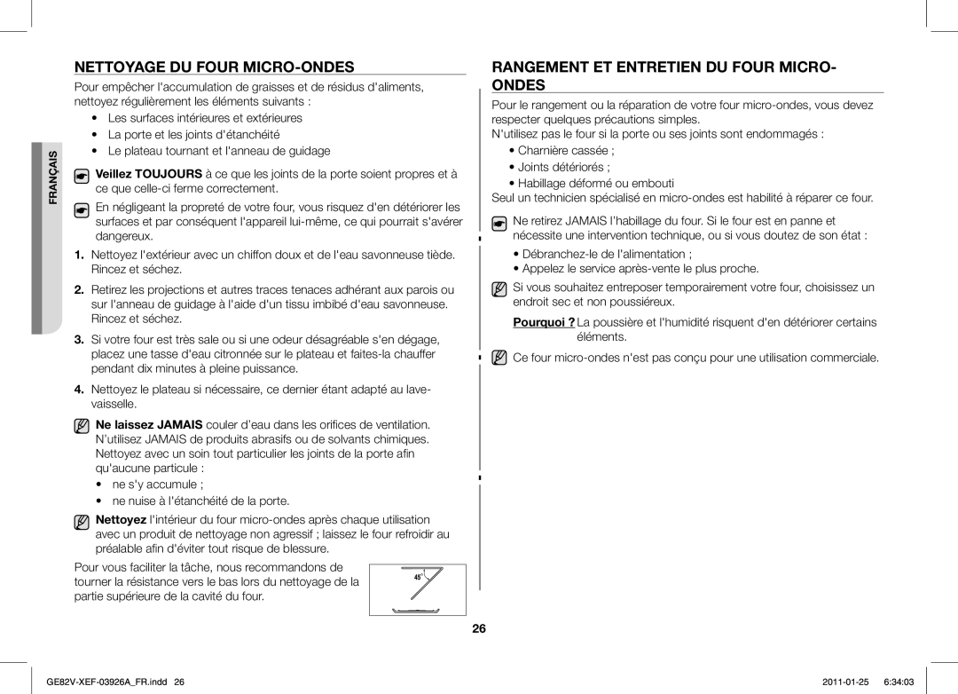 Samsung GE82V/XEF manual Nettoyage DU Four MICRO-ONDES, Rangement ET Entretien DU Four MICRO- Ondes 