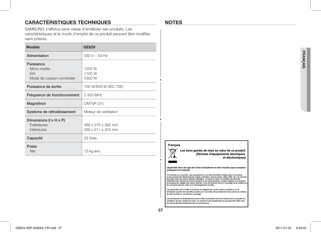 Samsung GE82V/XEF manual Caractéristiques Techniques, Modèle 