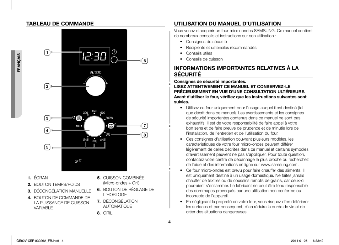 Samsung GE82V/XEF manual Tableau DE Commande, Utilisation DU Manuel D’UTILISATION, Cuisson Combinée Micro-ondes + Gril 