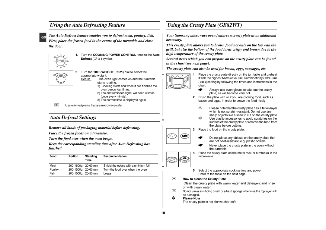 Samsung GE82W/BOL manual Auto Defrost Settings,  How to clean the Crusty Plate,  Please Note 