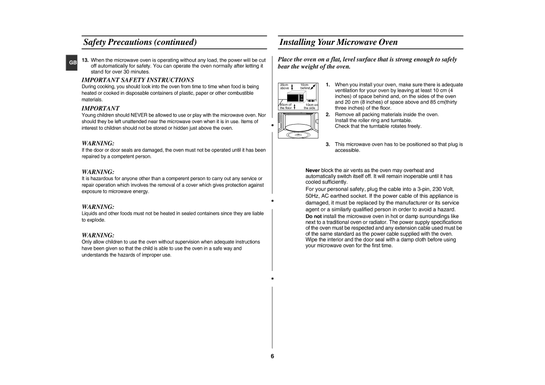 Samsung GE82W/BOL manual Safety Precautions, Installing Your Microwave Oven, Important Safety Instructions 