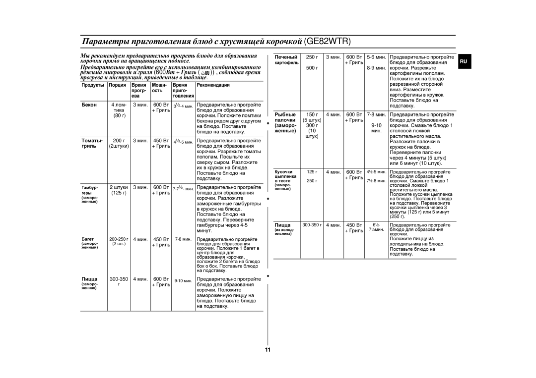 Samsung GE82WR/SBW, GE82WR/BWT manual Параметры приготовления блюд с хрустящей корочкой GE82WTR 