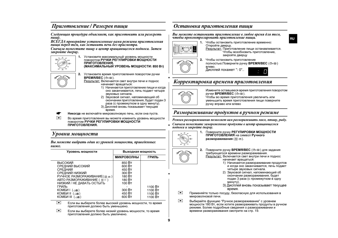 Samsung GE82WR/SBW, GE82WR/BWT manual Уровни мощности, Корректировка времени приготовления, Приготовление / Разогрев пищи 