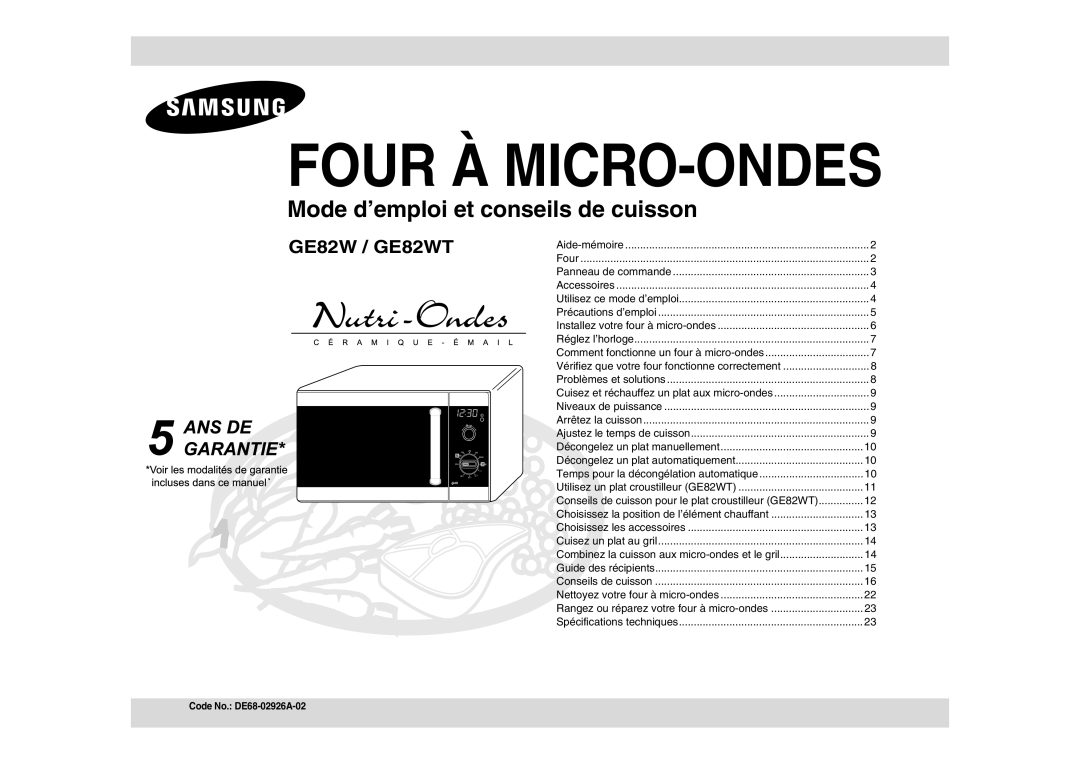 Samsung GE82W/XEF, GE82WT/XEF manual Four À MICRO-ONDES, Code No. DE68-02926A-02 