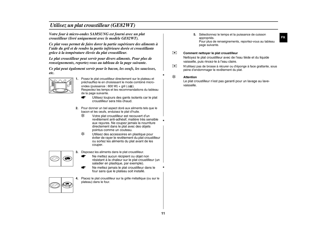 Samsung GE82W/XEF, GE82WT/XEF Utilisez un plat croustilleur GE82WT,  Comment nettoyer le plat croustilleur,  Attention 