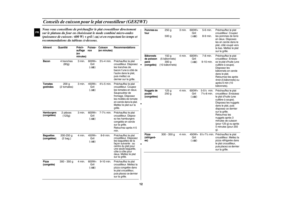 Samsung GE82WT/XEF, GE82W/XEF manual Conseils de cuisson pour le plat croustilleur GE82WT 