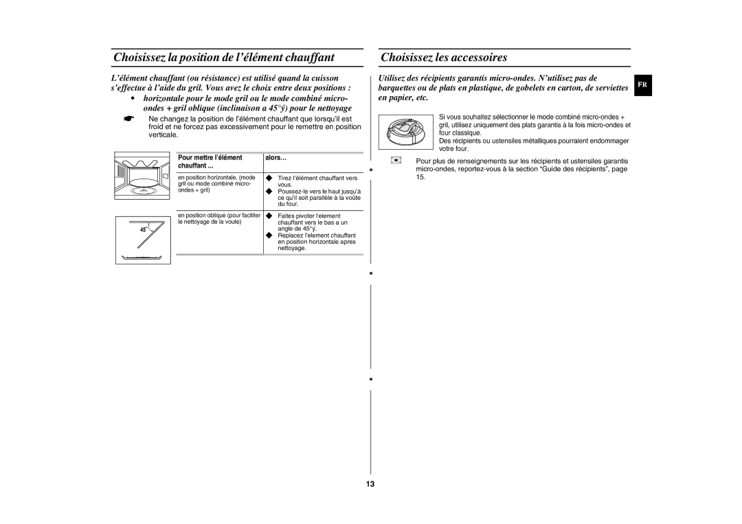 Samsung GE82W/XEF, GE82WT/XEF manual Choisissez la position de l’élément chauffant, Choisissez les accessoires 