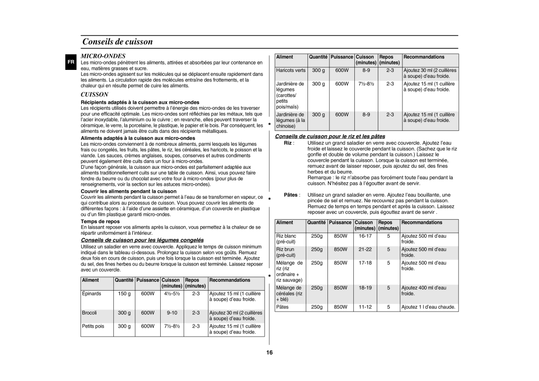 Samsung GE82WT/XEF, GE82W/XEF manual Micro-Ondes, Cuisson, Conseils de cuisson pour les légumes congelés 