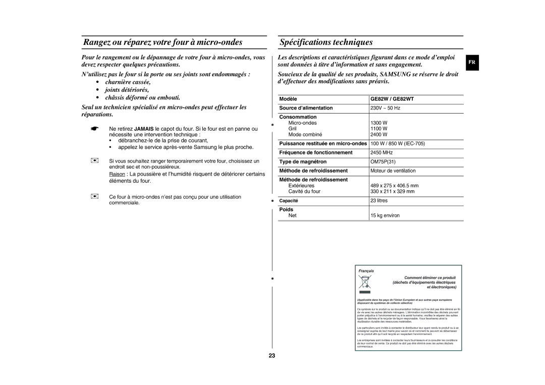 Samsung GE82W/XEF, GE82WT/XEF manual Rangez ou réparez votre four à micro-ondes, Spécifications techniques 