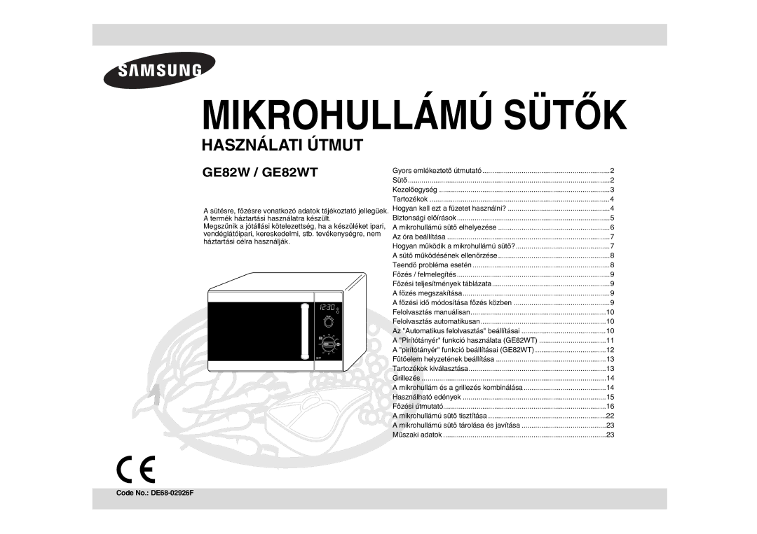 Samsung GE82WT-S/XEH, GE82WT/XEH manual Mikrohullámú Sütők, Code No. DE68-02926F 