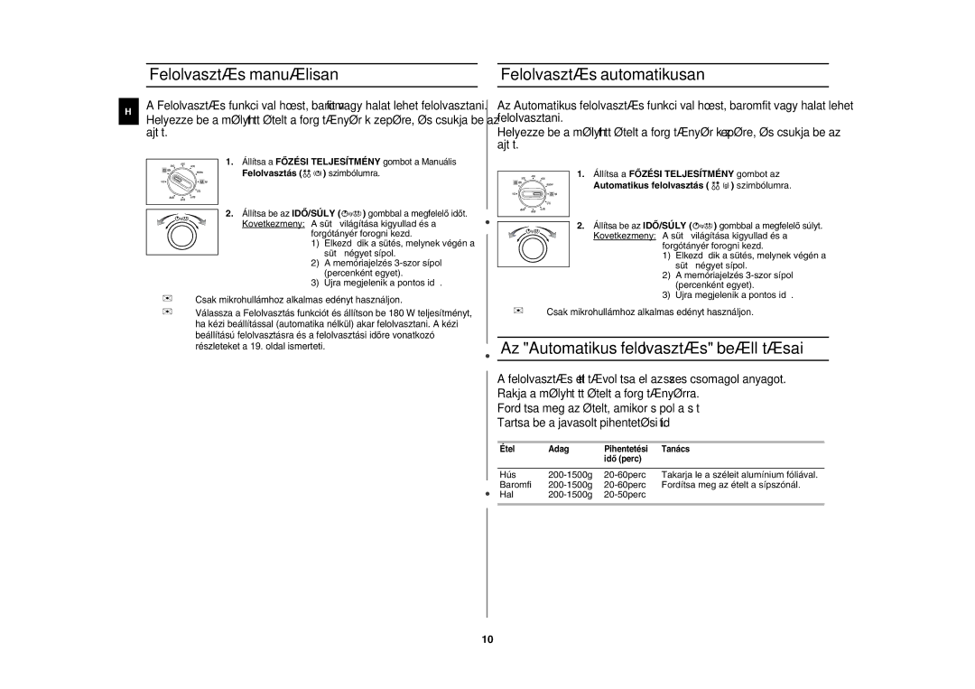 Samsung GE82WT/XEH manual Felolvasztás manuálisan Felolvasztás automatikusan, Az Automatikus felolvasztás beállításai 