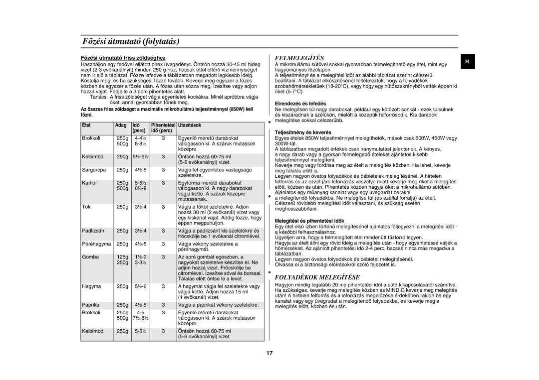 Samsung GE82WT-S/XEH, GE82WT/XEH manual Fõzési útmutató folytatás, Felmelegítés, Folyadékok Melegítése 