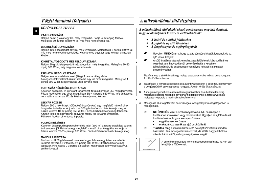 Samsung GE82WT/XEH, GE82WT-S/XEH manual Főzési útmutató folytatás, Mikrohullámú sütő tisztítása, Különleges Tippek 