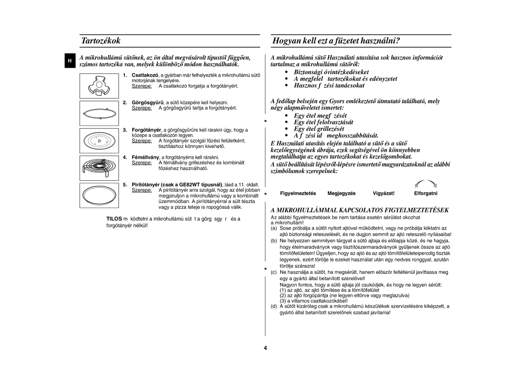 Samsung GE82WT/XEH manual Tartozékok, Hogyan kell ezt a füzetet használni?, Mikrohullámmal Kapcsolatos Figyelmeztetések 