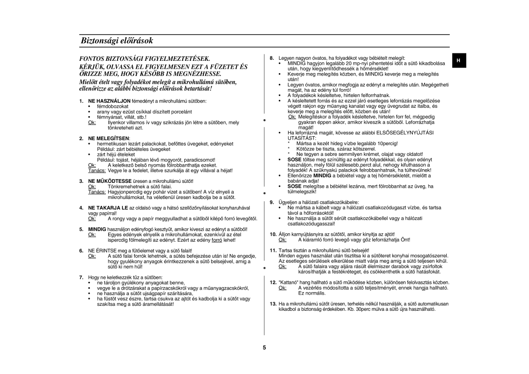 Samsung GE82WT-S/XEH, GE82WT/XEH manual Biztonsági előírások, NE Melegítsen 