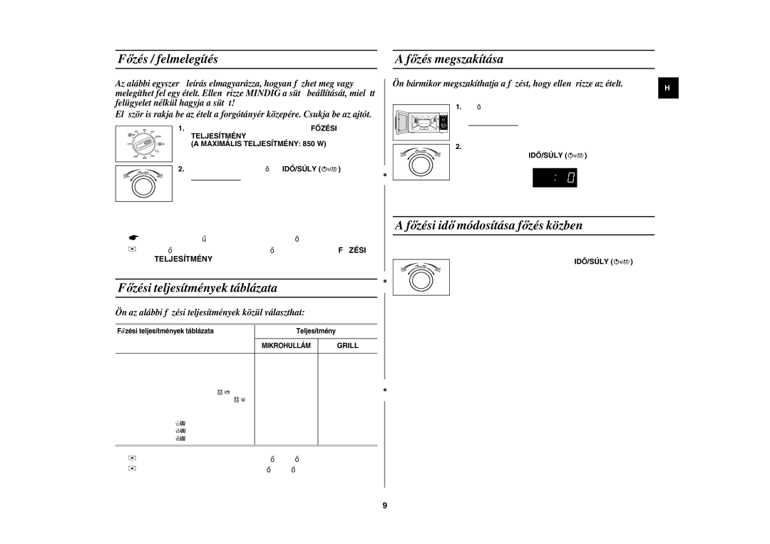 Samsung GE82WT-S/XEH, GE82WT/XEH manual Főzés / felmelegítés, Főzési teljesítmények táblázata, Főzés megszakítása 