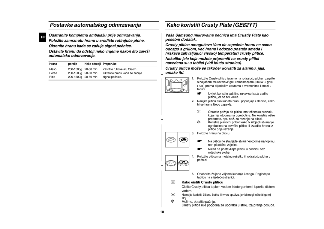 Samsung GE82Y-S/ERP manual Postavke automatskog odmrzavanja, Kako koristiti Crusty Plate GE82YT 