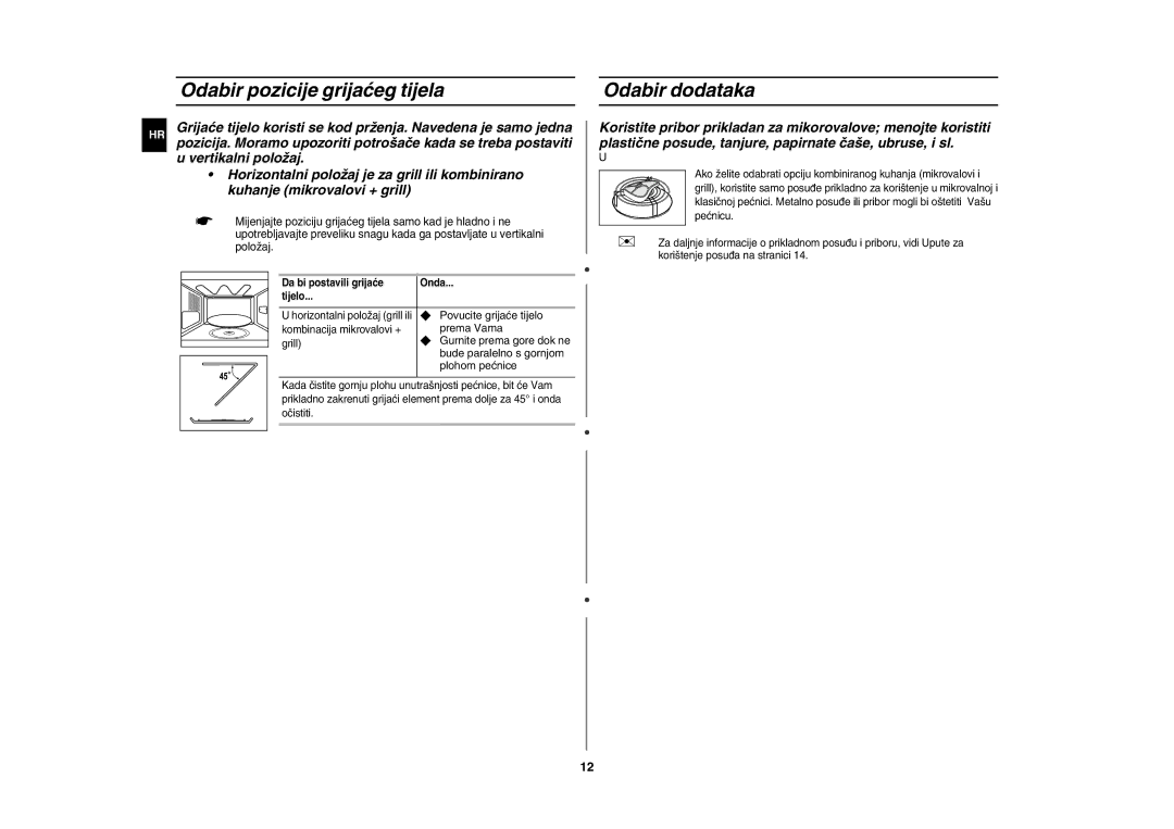 Samsung GE82Y-S/ERP manual Odabir pozicije grijaćeg tijela, Odabir dodataka 