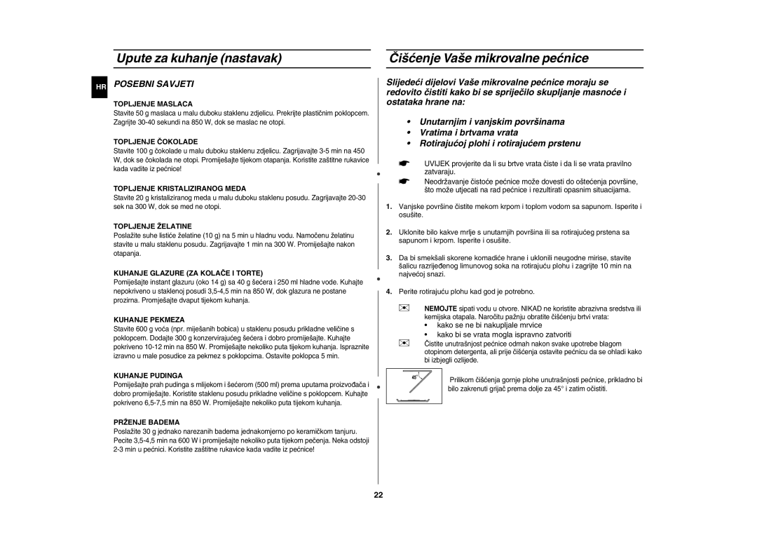 Samsung GE82Y-S/ERP manual Upute za kuhanje nastavak, Čišćenje Vaše mikrovalne pećnice, HR Posebni Savjeti 