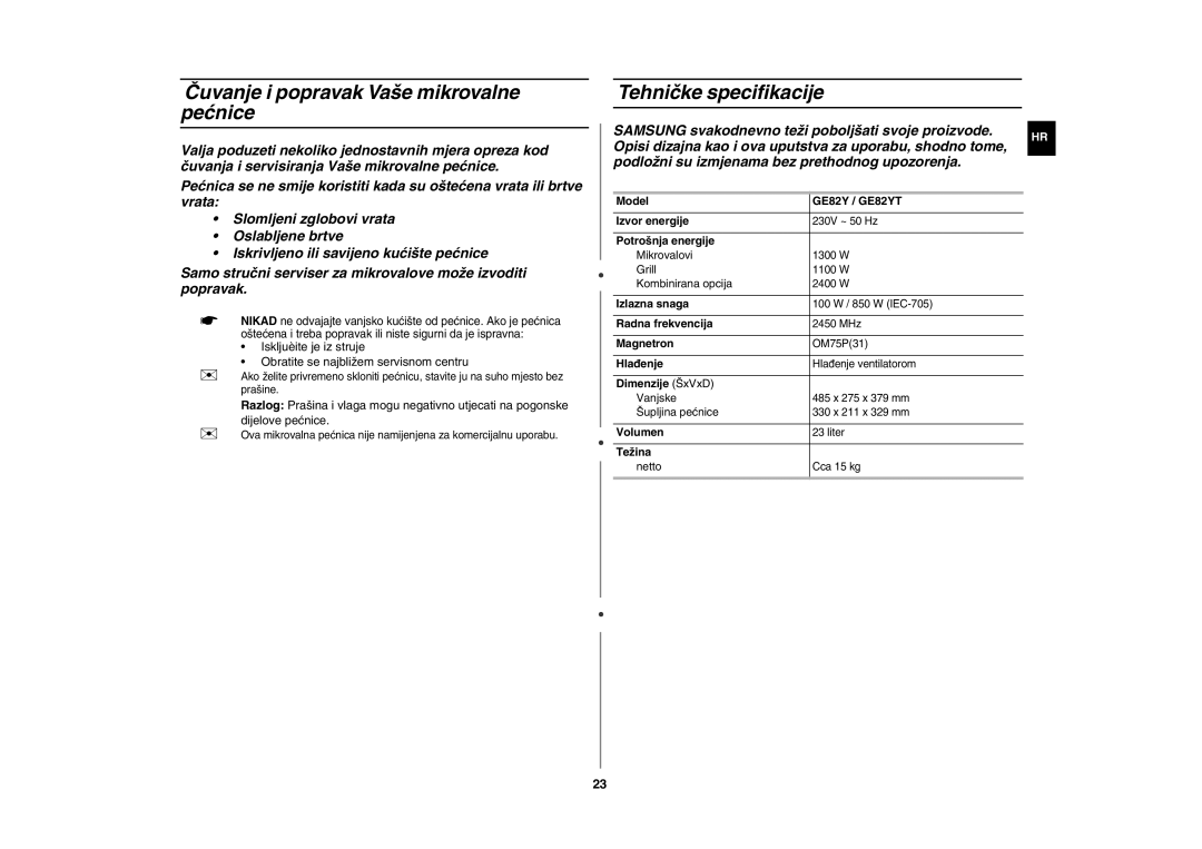 Samsung GE82Y-S/ERP manual Čuvanje i popravak Vaše mikrovalne pećnice, Tehničke specifikacije 