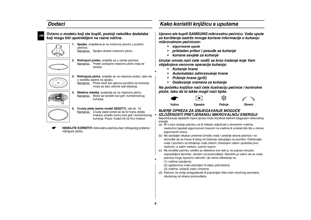 Samsung GE82Y-S/ERP manual Dodaci Kako koristiti knjižicu s uputama, Crusty plate samo model GE82TY, vidi str 