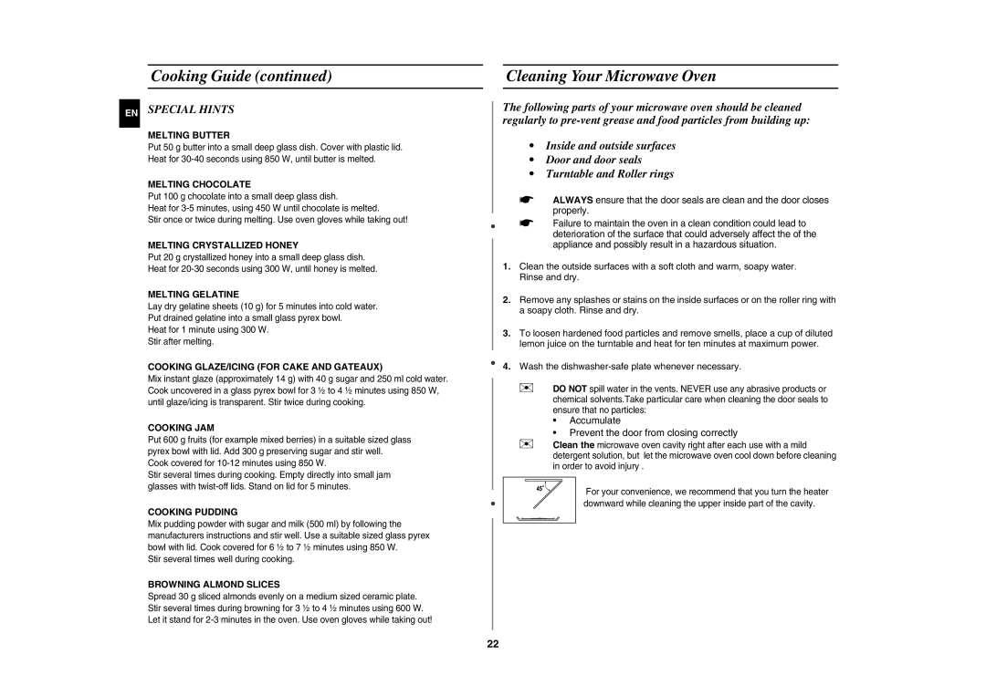 Samsung GE82Y-S/ERP manual Cleaning Your Microwave Oven, EN Special Hints 